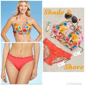 Shade & Shore Double Knot Floral Bikini Top With Cheeky Solid Ruffle Bottom